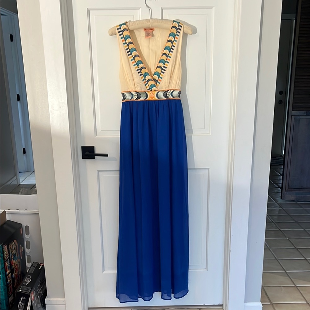 Sleeveless Cream and Royal Blue Embroidered Maxi Dress